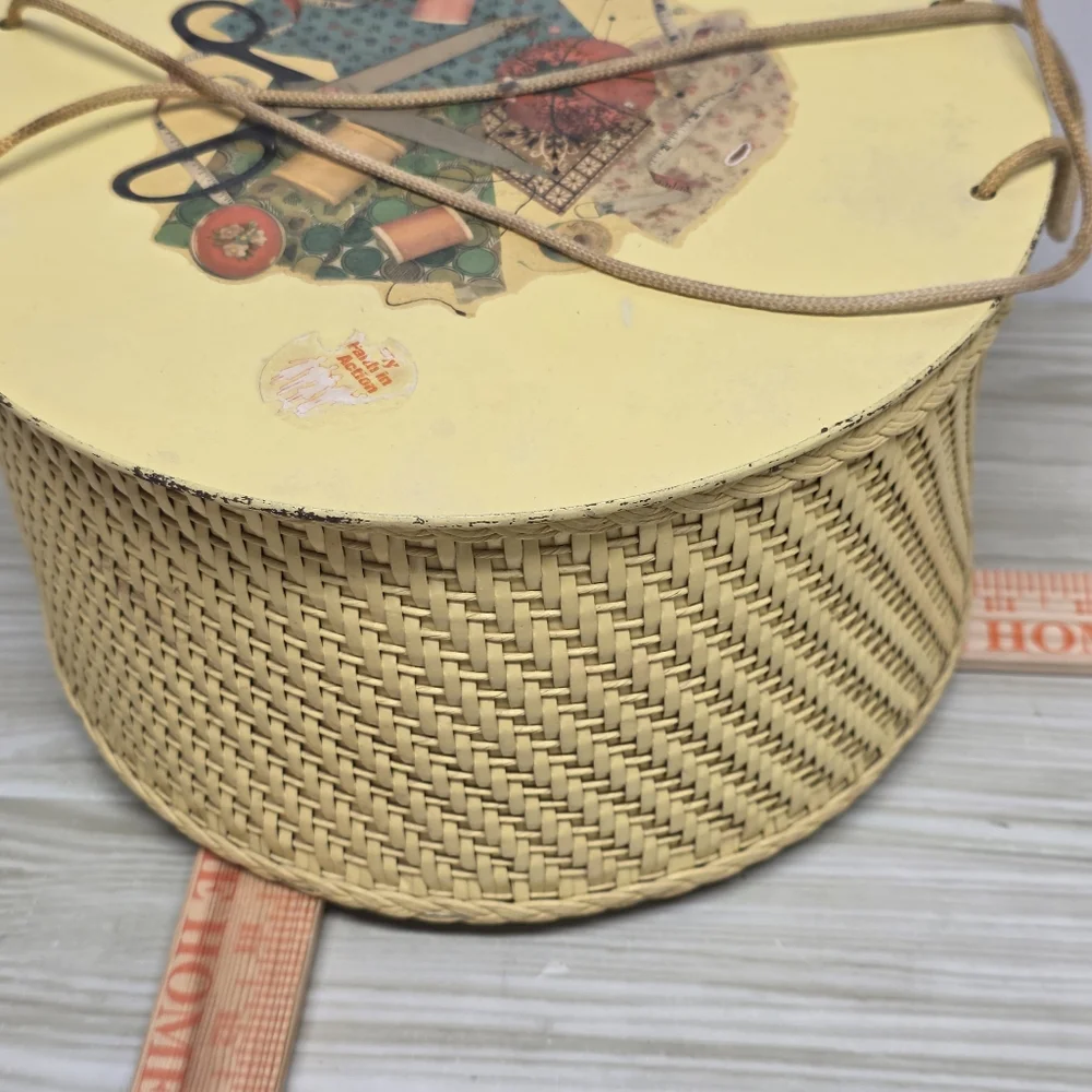 Vintage Soft Yellow Wicker Sewing Basket